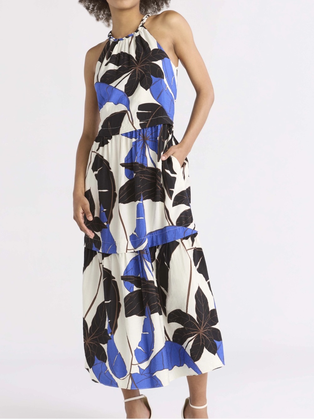 Floral Halter Maxi Dress Size L Sofia by Sofia Vergara Blue, Black & White NWOT